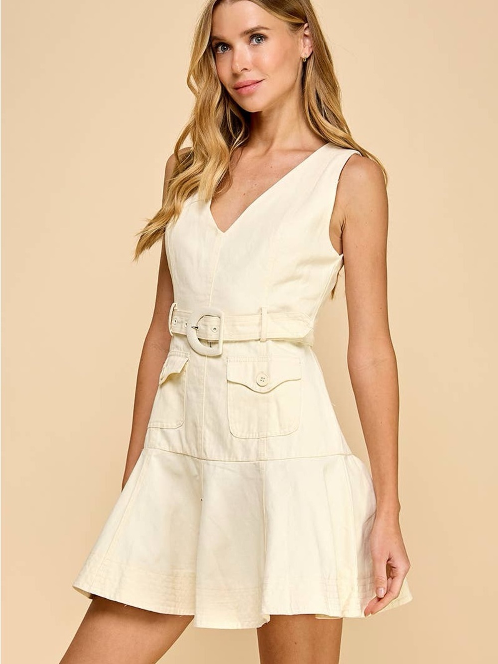 Sleeveless Cream V-Neck Belted Mini Dress
